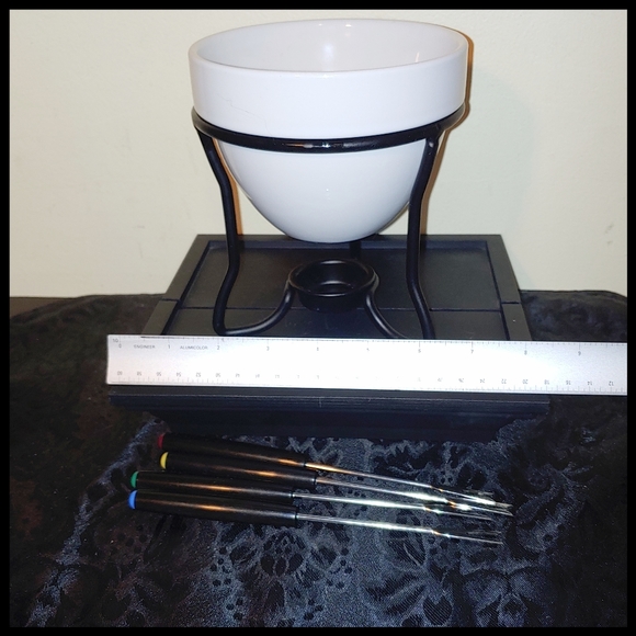 Dessert Fondue Set -- White Ceramic Bowl, Black Metal Stand w/ 4 Forks - Picture 2 of 4